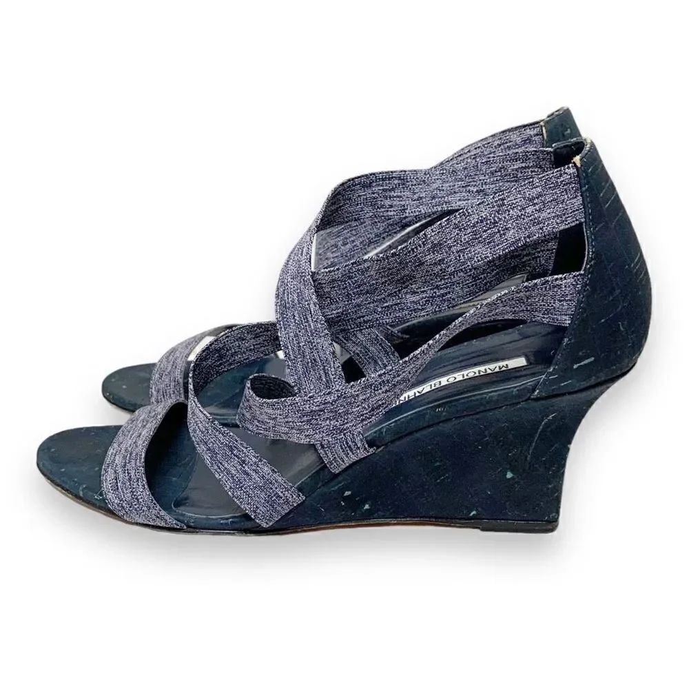 Manolo Blahnik Glassa Crisscross Wedge Sandal, Blue Denim Women’s Sz 41 -US 10.5